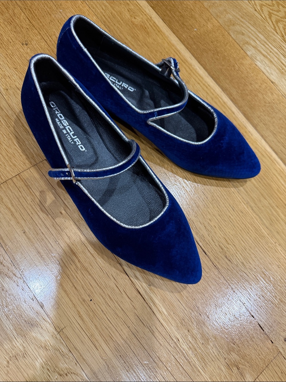 Mary Jane Galba Suede Velvet Pointed Flats in Navy with Silver Trim.Italy